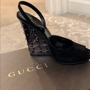Never worn suede sling black Gucci open toe wedges